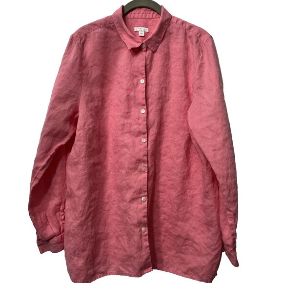 J Jill Love Linen Essential Top XL Solid Pink 100% Linen Button Up Long Sleeve - Picture 1 of 9
